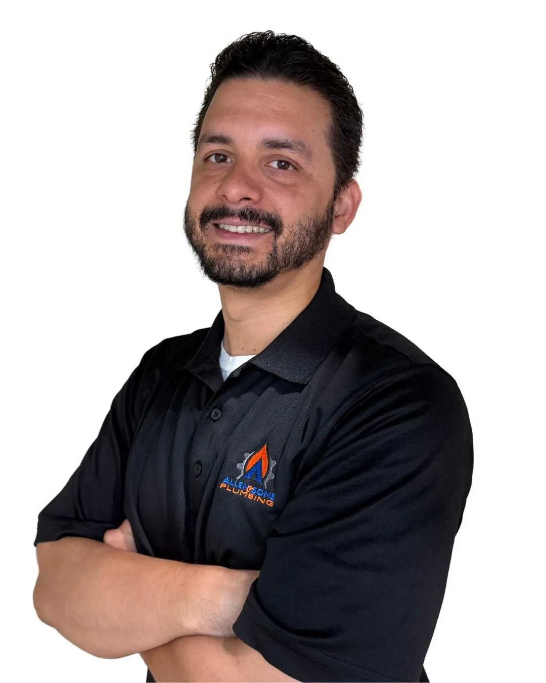 A bearded member of the Allen & Sons crew in a black company polo shirt