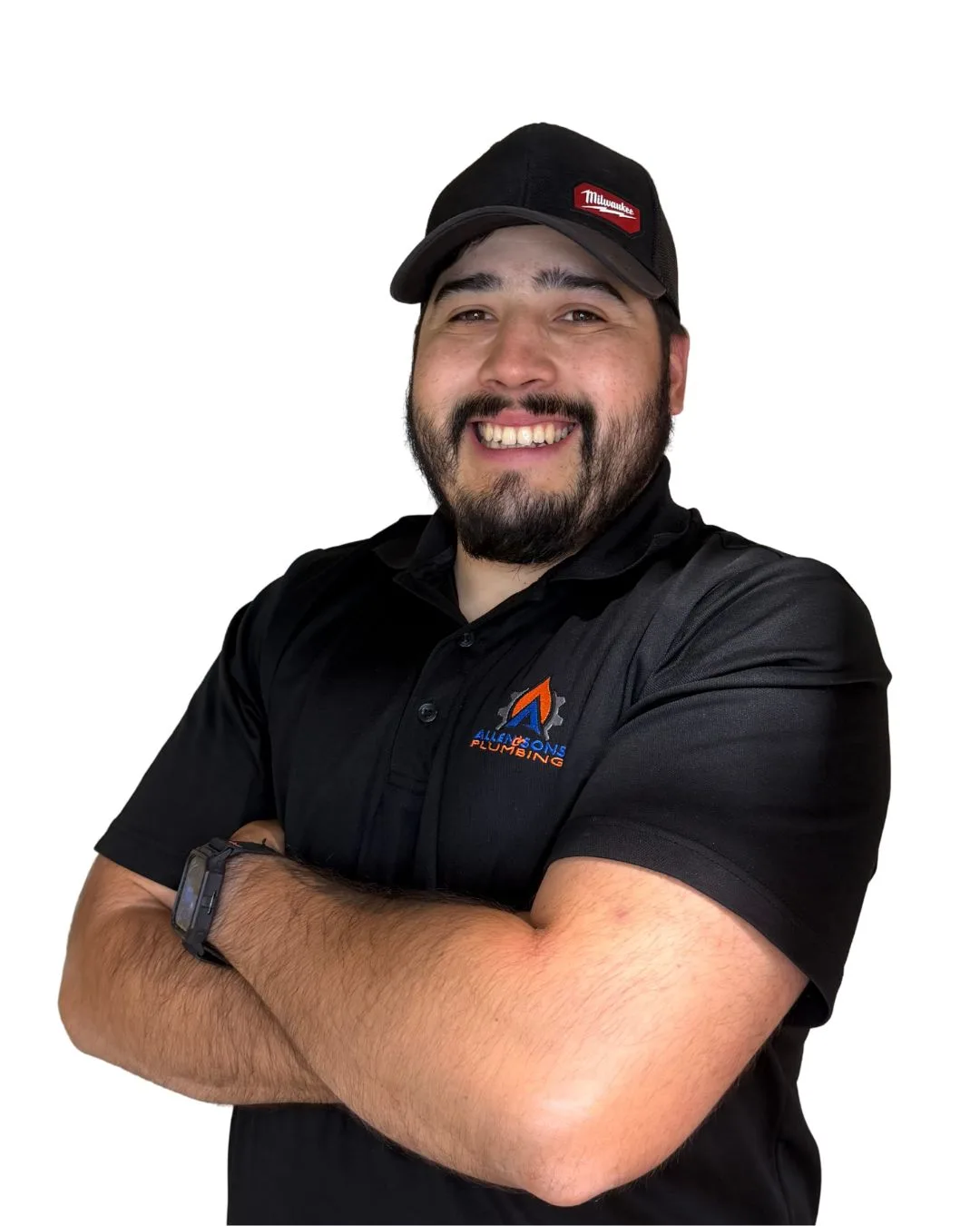 A bearded member of the Allen & Sons crew in a black cap and company polo shirt